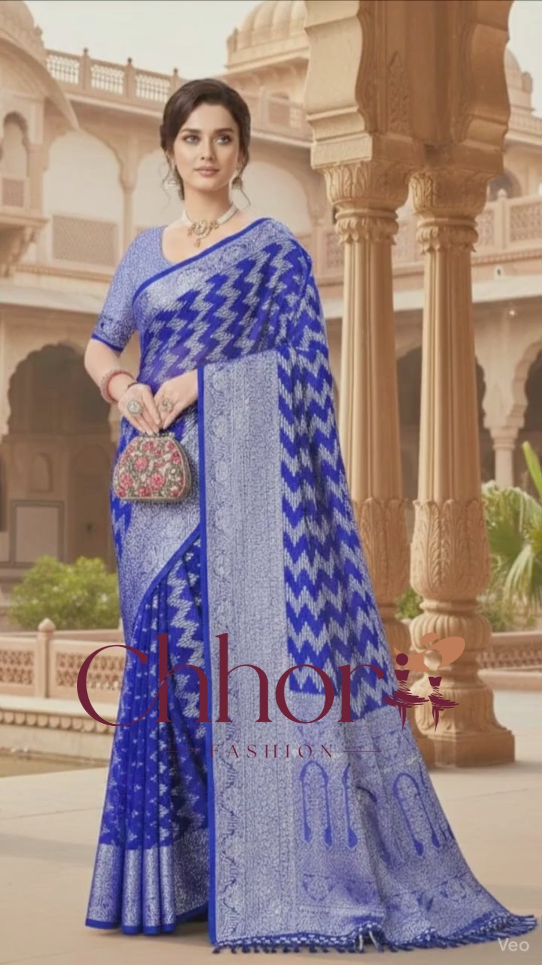 The Myra Saree: Royal Blue Georgette with Silver Zig-Zag Zari Work
