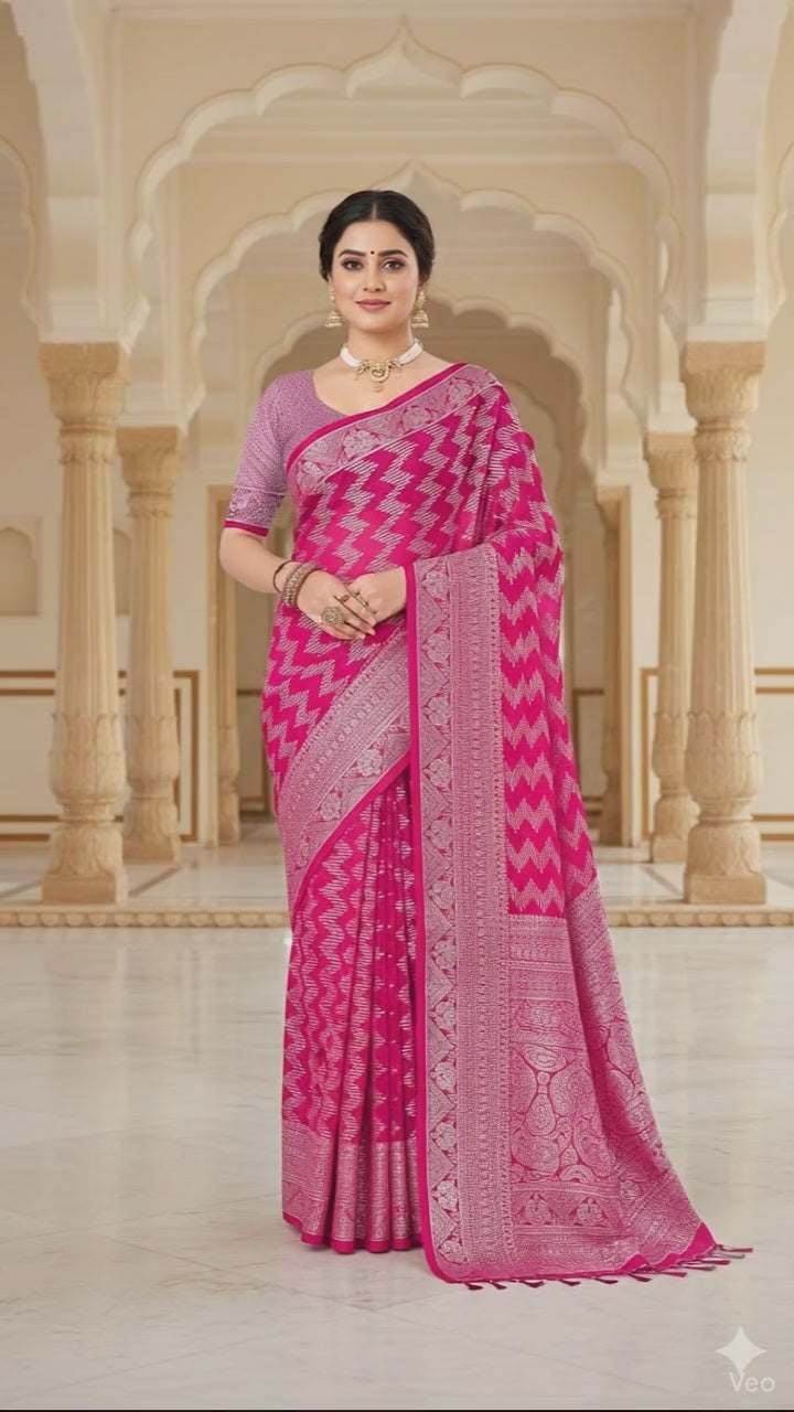 The Riya Saree: Hot Pink Georgette Saree with Silver Zari Leheriya Work