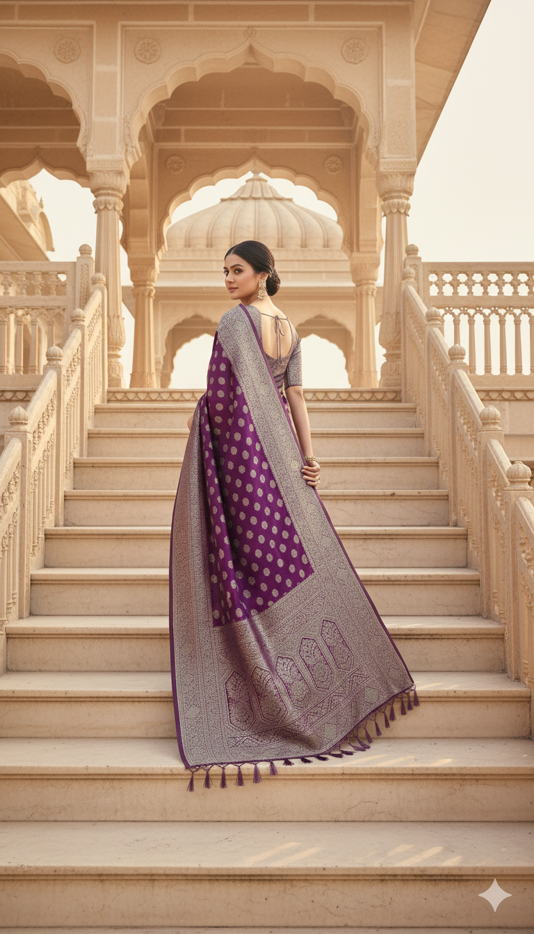 The Kaira Saree: Purple Zari Buti Georgette Saree with Jacquard Blouse